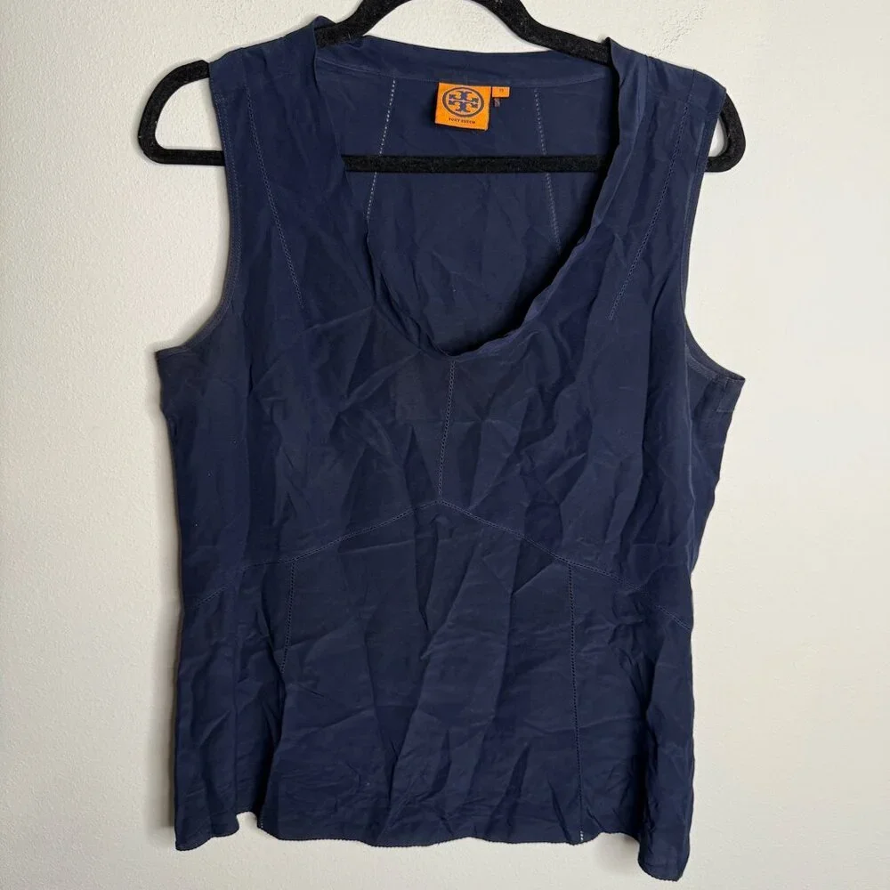 Tory Burch Women's Navy 100%‎ Silk V Neck Sleeveless Tank Top - Size 10